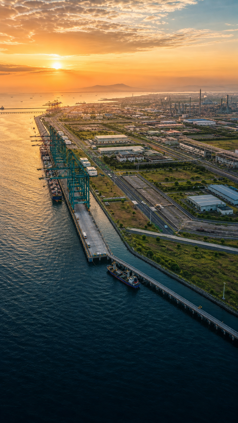 Aerial view of an integrated industrial estate and deep-sea port at sunrise