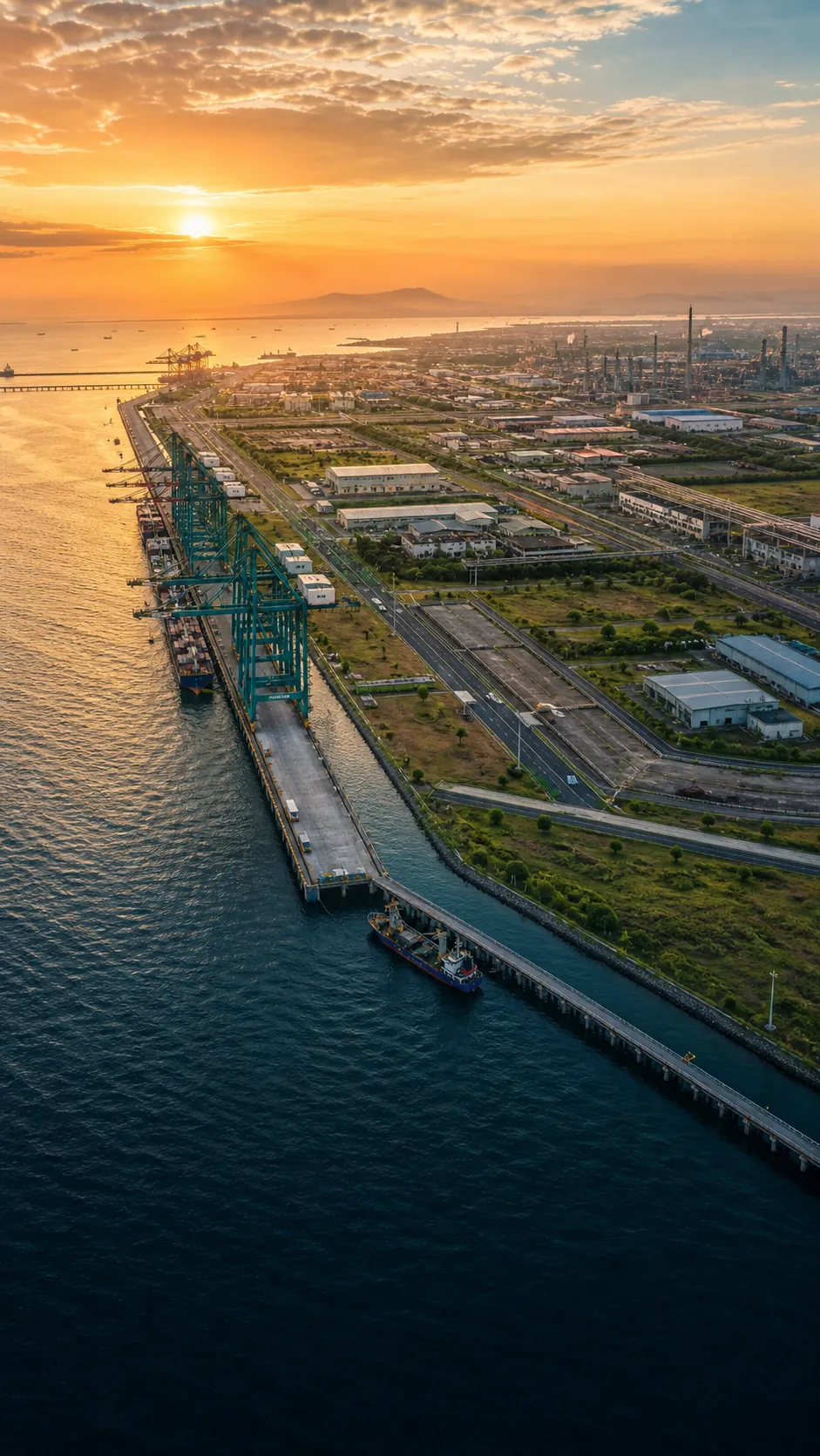 Aerial view of an integrated industrial estate and deep-sea port at sunrise